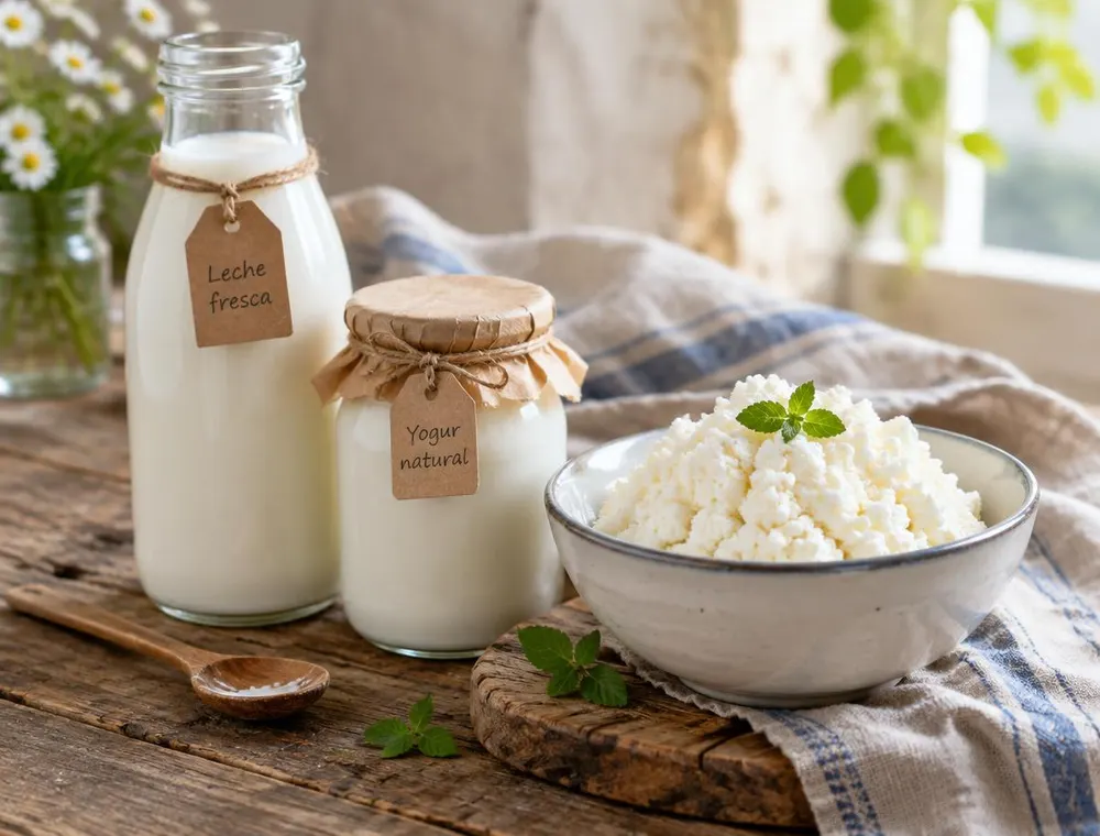 Leche, yogurt natural y requesón